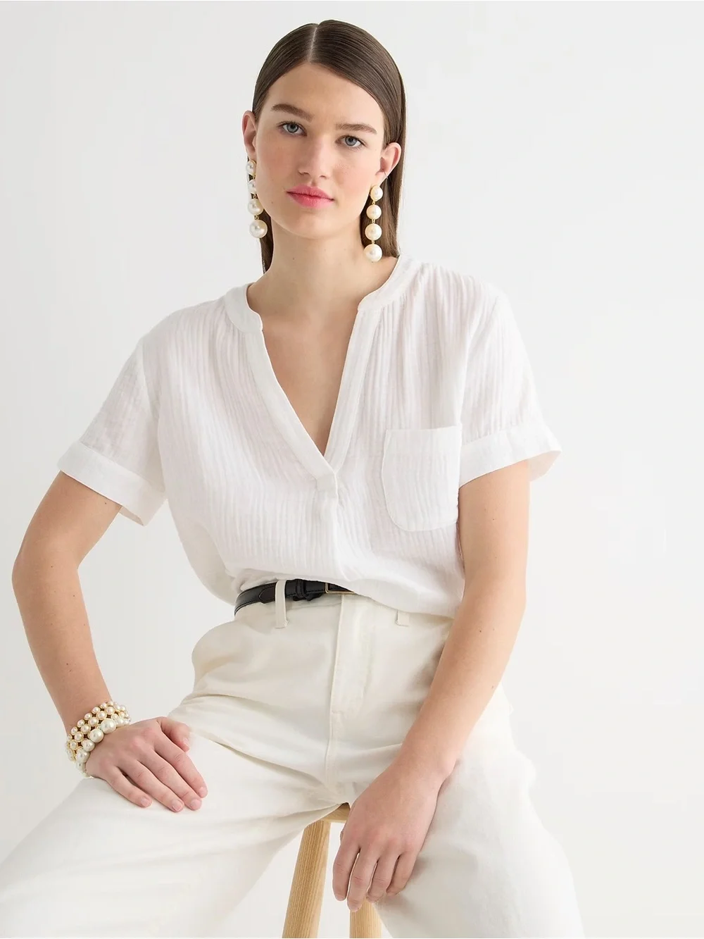 J. Crew White Split-Neck Gauze Pocket Top